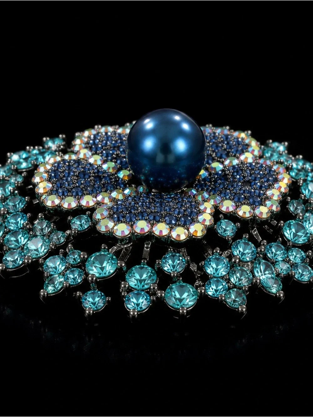 Large Blue Crystal Floral Brooch with faux Pearl Center